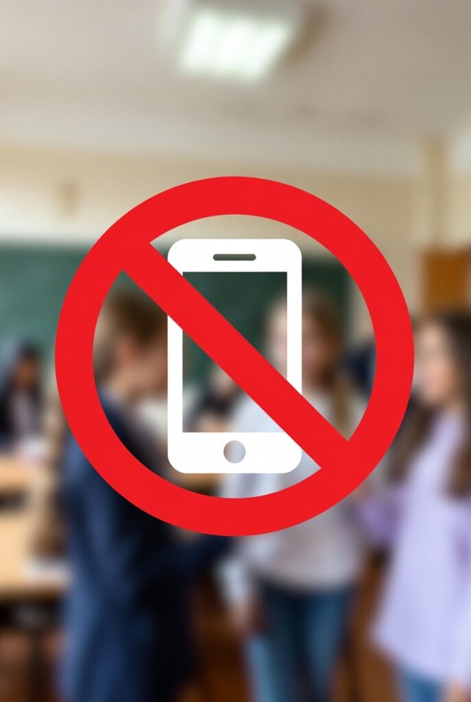 Interdiction portable collège lycée France 2026 : écran smartphone interdit avec panneau rouge barré en salle de classe